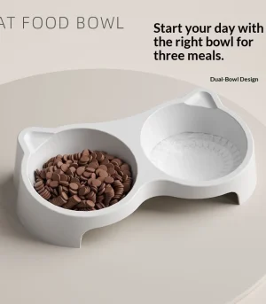 Pet Cat Dog Feeding Bowl with Heightened Design Beveled Neck Anti-Tipping Double Bowls for Water Food