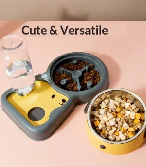 2 in 1 Dog Bowl with Water Dispenser, Slow Feeder Anti-Tip Double Bowl, Neck Protection Pet Feeder