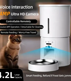 Smart Pet Feeder with Camera for Cats, Automatic Timed Quantitative Food Dispenser, Remote Visual Monitoring, WiFi App Control