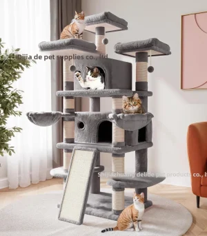 Tall Cat Tree House with Sisal Scratching Posts, Multi-Level Cat Tower Condo with Hanging Balls Ladder
