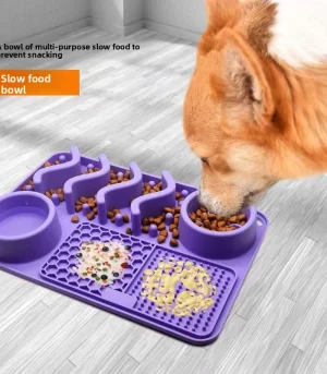 Multifunctional Silicone Slow Feeder Mat, Dog Lick Mat with Bowls, Food-Grade Pet Feeding Mat for Cats Dogs