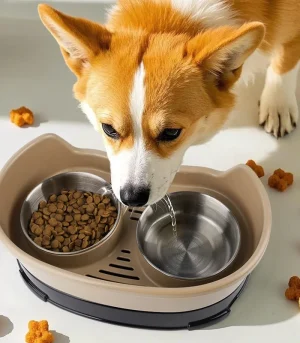 Height Adjustable Stainless Steel Pet Double Bowls, Anti-Overturn Removable Non-Slip Dog Food Water Bowl